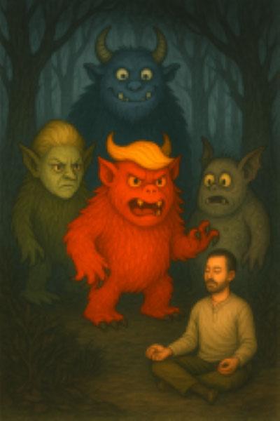 chatgpt plaatje van imand die mediteert in het bos, om hem heen staan monsters